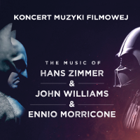 Concert poster: in the middle the title of the concert, on the left and on the right - photos of Batman and Darth Vader.