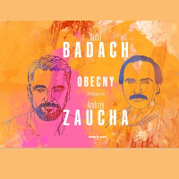 Concert poster: drawings-portraits of Kuba Badach and Andrzej Zaucha on orange and pink background. White inscription - the title of the concert.