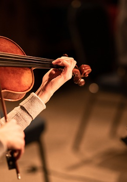 The photo shows a musician playing the violin.