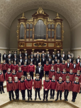 Photo of the Poznań Nightingales Boys and Men's Choir - boys and men standing on the stage of the Poznań Philharmonic