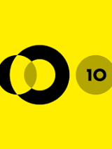 Concert poster: number 10 in a circle on yellow background. Next to number 10 three interconnected circles