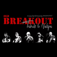 Concert poster: black and white photo of musicians and red text - the band's name.