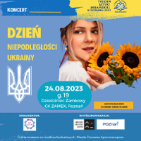 Concert poster with information about te event and a photo of a young woman holding sunflowers.
