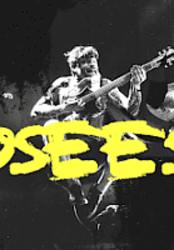 Concert poster - yellow inscription - the name of the band on black and white photo of a man with a guitar