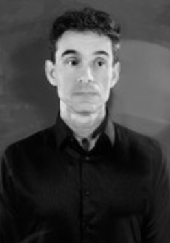 Black and white photo of the artist