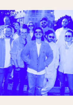 Photo of the band in blue colours.
