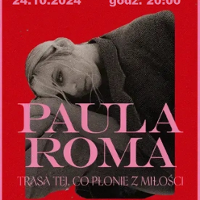 Photo of Paula Roma and information about the event. Red background.