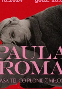 Photo of Paula Roma and information about the event. Red background.