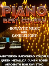 Event poster with information about it and a photo of a man playing the piano and numerous candles.