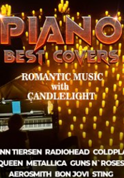 Event poster with information about it and a photo of a man playing the piano and numerous candles.