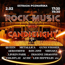 Concert poster: information about the event and photo of a man playing the piano among numerous lit candles.