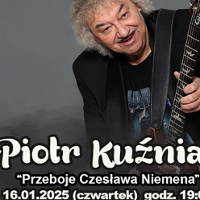 Photo of PIotr Kuźniak with a guitar and information about the event.