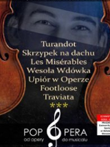 Concert poster: face partly covered between two violins. On the covered part of the face titles of the musical pieces.