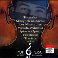 Concert poster: face partly covered between two violins. On the covered part of the face titles of the musical pieces.