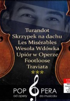 Concert poster: face partly covered between two violins. On the covered part of the face titles of the musical pieces.