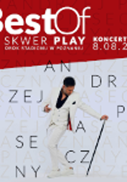 Poster of the event - photo of Andrzej Piaseczny in white suit on light grey background. On the top - red stripe with white captions on it with information about the concert