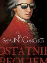 Picture of W.A. Mozart in black sunglasses. In the bottom of the poster - the title of the concert. Black background