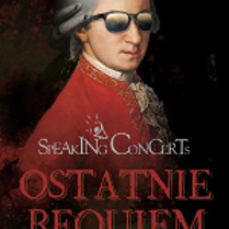 Picture of W.A. Mozart in black sunglasses. In the bottom of the poster - the title of the concert. Black background