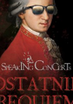 Picture of W.A. Mozart in black sunglasses. In the bottom of the poster - the title of the concert. Black background