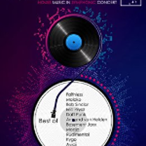 Event poster - information about the event in white circle, vinyl album above it. Violet background.