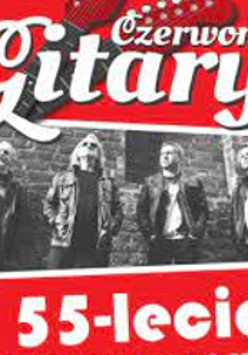 Black and white photo of the band, name of the band and title of the concert on red background.