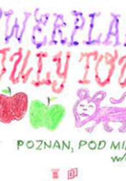 Event poster - colourful text and small drawings of two apples and an animal resembling a lion.