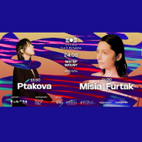 Concerts poster with photos of the performers and information about the event. Background in blue, red and beige colours.