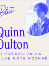 Concert poster in blue and white colours: photo of the performer and information about the event.