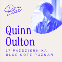 Concert poster in blue and white colours: photo of the performer and information about the event.