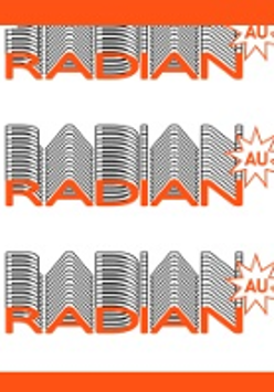 Concert poster in white, orange and grey colours - text "Radian" repeated three times.