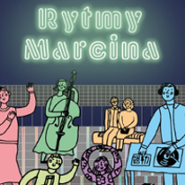 Colourful drawing of musicians and people, who are dancing.