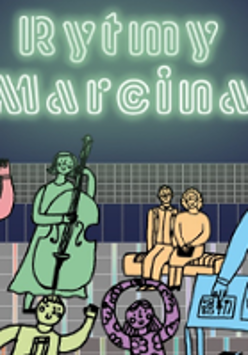Colourful drawing of musicians and people, who are dancing.