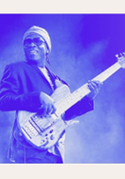 Photo of Richard Bona playing the guitar. Photo in blue and white colours.