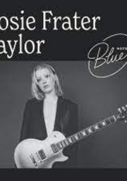 Black and white concert poster with information about the event and photo of Rosie Frater-Taylor with a guitar.