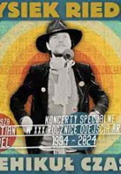 Concert poster: drawing of a man standing in front of the microphone and information about the event. Colourful circles as a background.