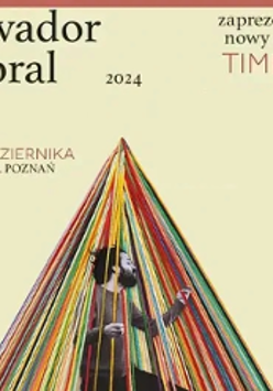 Concert poster: information about the event and a drawing of a man sitting in colourful tent looking like a pyramid.