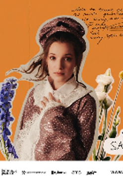 Picture of the artist on orange background among flowers