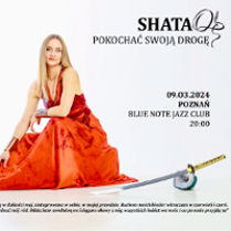 Photo of a sitting woman in an orange dress and information about the event.