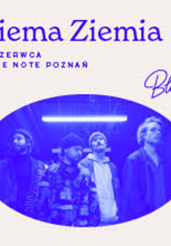 Photo of the band in blue colours in a circle and information about the concert.