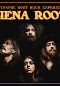 Photo of four faces on black background and the name of the band.