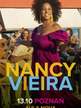 Colourful photo of Nancy Vieira with her band and information about the event.