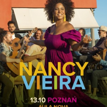 Colourful photo of Nancy Vieira with her band and information about the event.