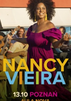 Colourful photo of Nancy Vieira with her band and information about the event.
