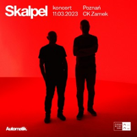 Concert poster - black silhouettes of two men on a red background.