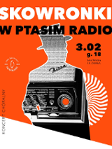 Concert poster in black, orange and white colours with information about the event and a photo of old-fashioned radio connected with a silhouette of a man in a hat.