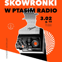 Concert poster in black, orange and white colours with information about the event and a photo of old-fashioned radio connected with a silhouette of a man in a hat.