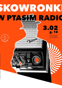 Concert poster in black, orange and white colours with information about the event and a photo of old-fashioned radio connected with a silhouette of a man in a hat.