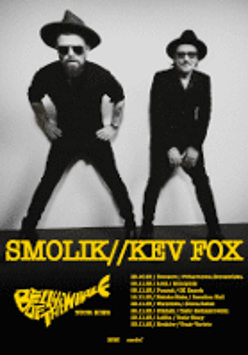 Black and white photo of the musicians and information about the event in yellow colour.