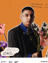 Picture of the artist on orange background among flowers