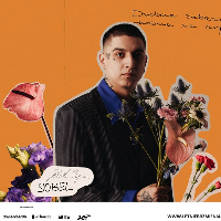 Picture of the artist on orange background among flowers